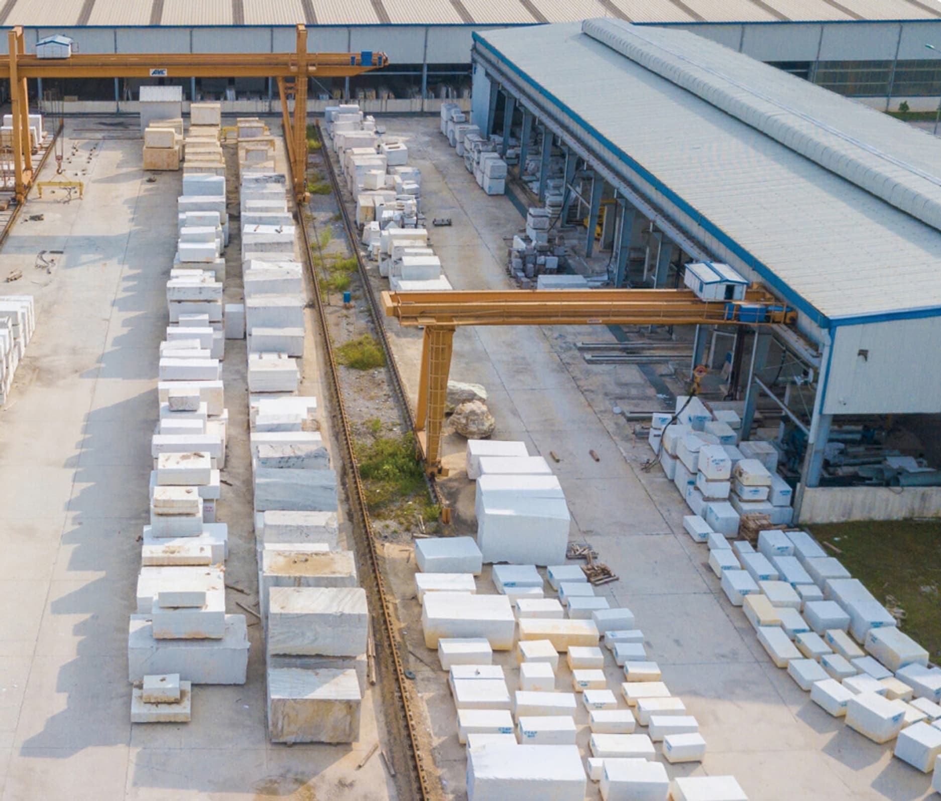 White calcite blocks staged in the block yard at Kantor Materials' Northern Vietnam plant, before crushing and grinding